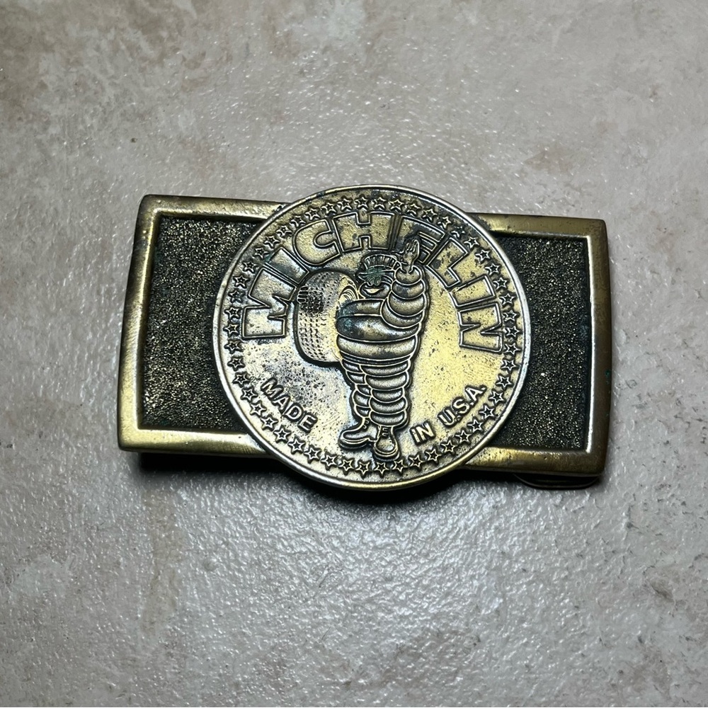 Vintage Michelin Tires Brass Belt Buckle Serial Number 9365